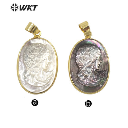 WT-JP269 Wholesale Fashion Gold Bezel Oval Chic Beauty Image Pendant Handmade Natural Shell Gorgeous Women Jewelry Big Pendant