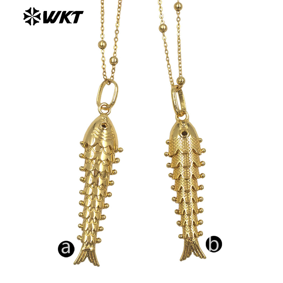 WT-N1515 Exquisite Thin Beads Chain Gold Electroplated Yellow Brass Fish Shape Pendant Necklace For Friends New Year Gift