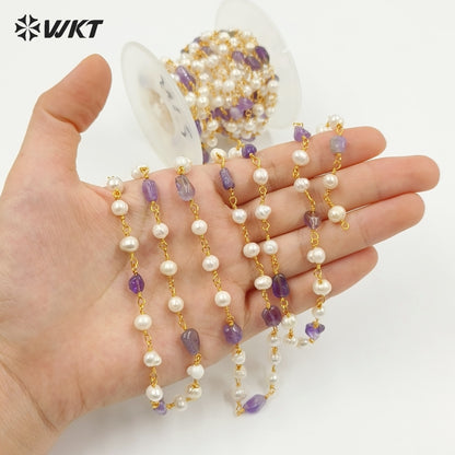 WT-RBC165 High Quality Natural Stone Make Chain Women Jewelry Findings Chain for Necklace Design Gold Rosary Beads Chain