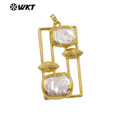 WT-JP434 Wonderful Gold Electroplated With Double Natural Freshwater Pearls Rectangle Pendant For Fashion Jewelry Handmade
