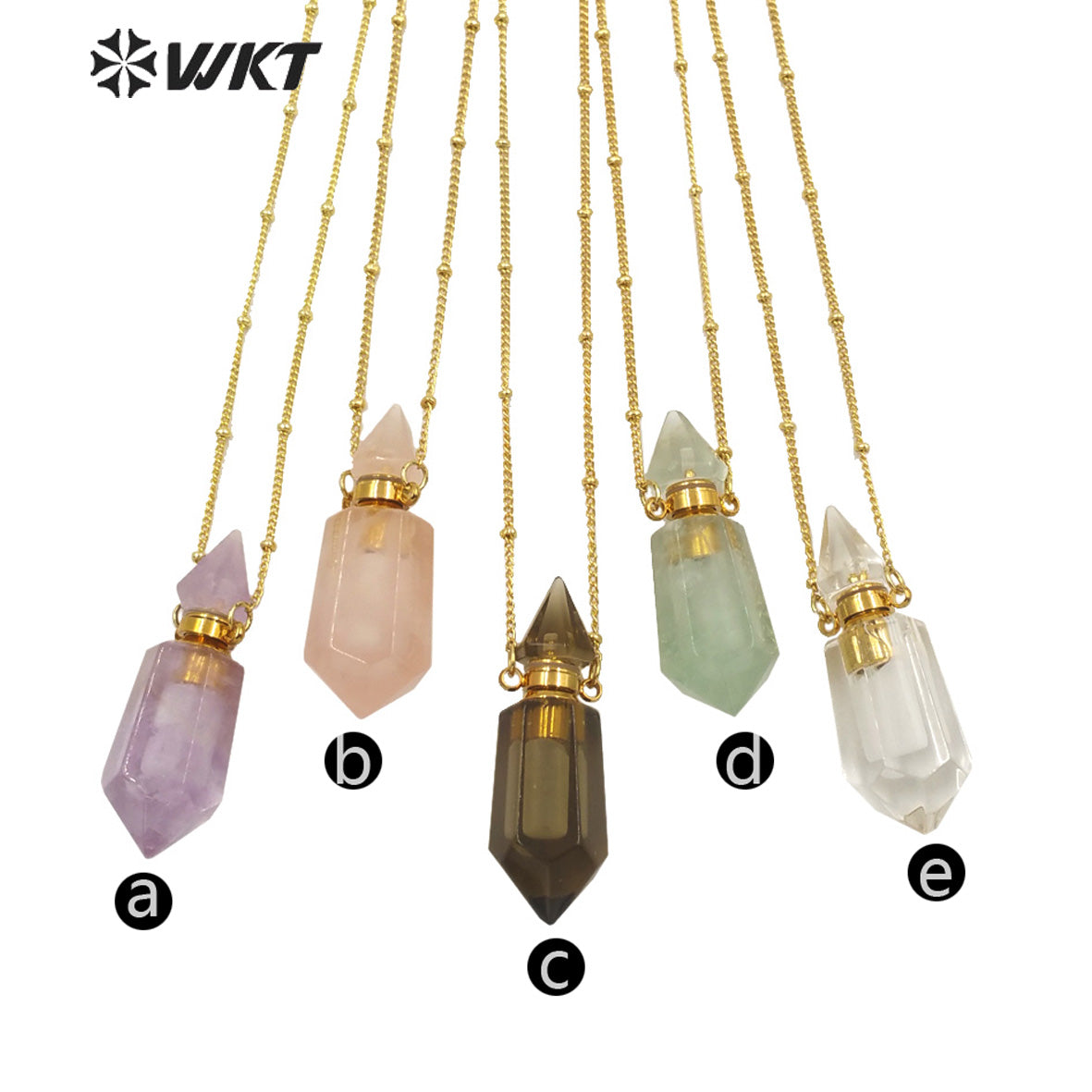 WT-N1284 Fashion Gold Plated Double Loops Natural Spirit Quartz Point Stone Perfume Bottle Necklace or Essencial Oil Necklace