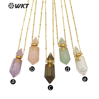 WT-N1284 Fashion Gold Plated Double Loops Natural Spirit Quartz Point Stone Perfume Bottle Necklace or Essencial Oil Necklace