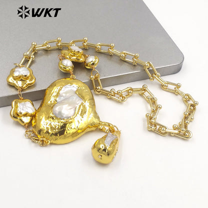 WT-JN241 Wholesale Vintage Trendy Baroque Pearl 18k Chain Gold Plated Exquisite High Quality Pendant Necklace