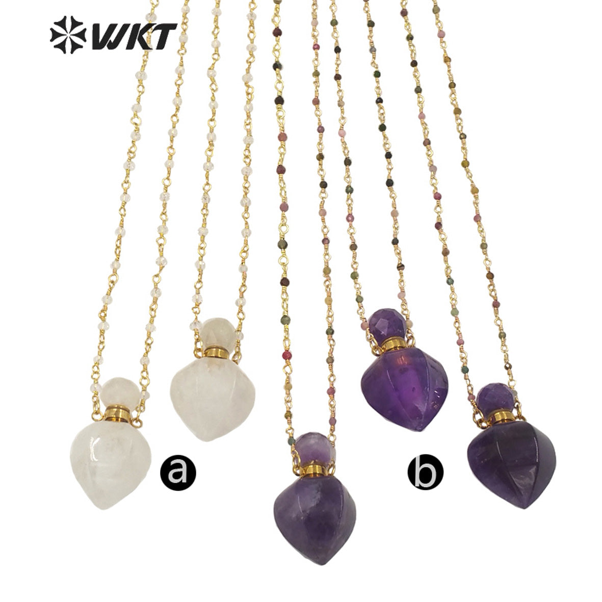 WT-N1277 Amazing Natural Hot Women Stone Drop Shape Perfume Bottle Necklace Gold Electroplated Crystal Essential Oil Necklace