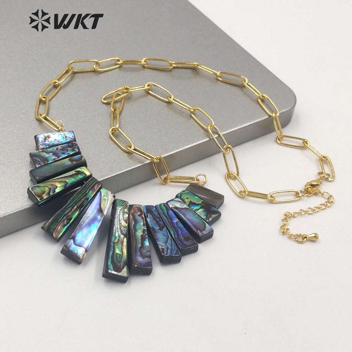 WT-JN148 WKT New Design Women Handmade Assemble Natural Abalone Shell Statement Necklace White Shell Link Chain Pendant Necklace