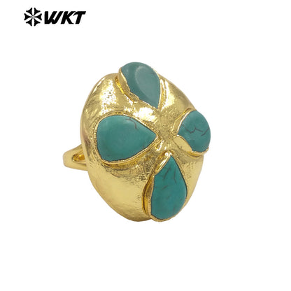 WT-R576 Beautiful Design Gold Electroplated Natural Green Turquoise Stone Flower Shape Rings For Lady Party Decorative Jewelry