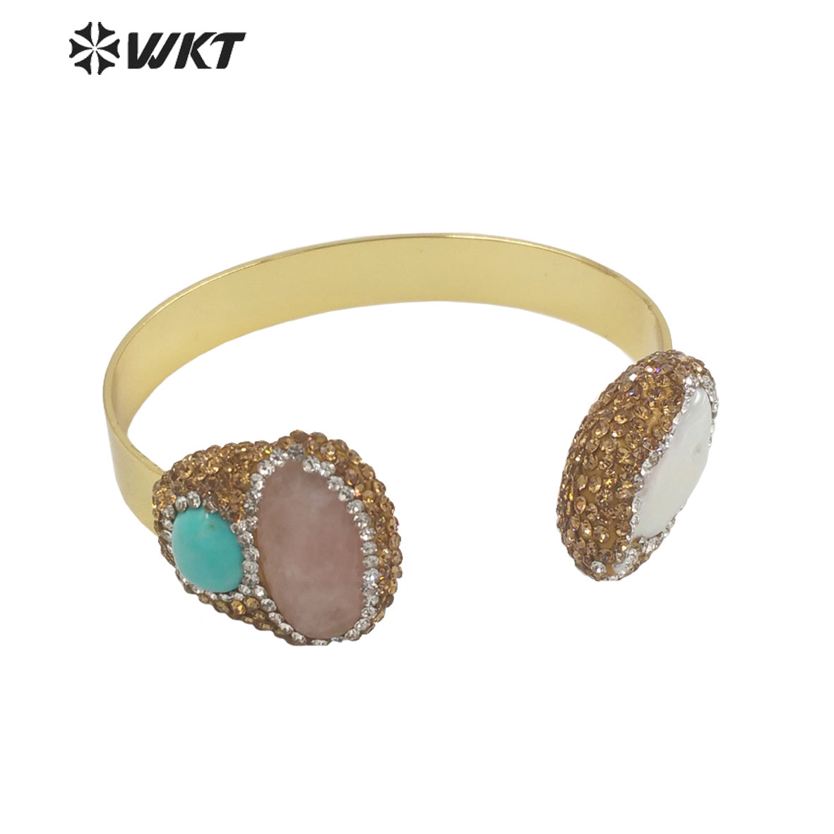 WT-MPB088 WKT Amazing Gorgeous Double Stone Bangle 18k Gold Plated Natural Sun Stone Amazonite Pearl Bangle in Adjustable