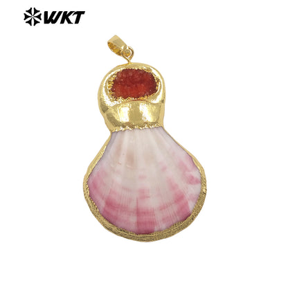 WT-JP507 New Arrival Gold Electroplated Natural Scallop Shell And Druzy Quartz Stone Splicing Pendant For Unique Jewelry DIY