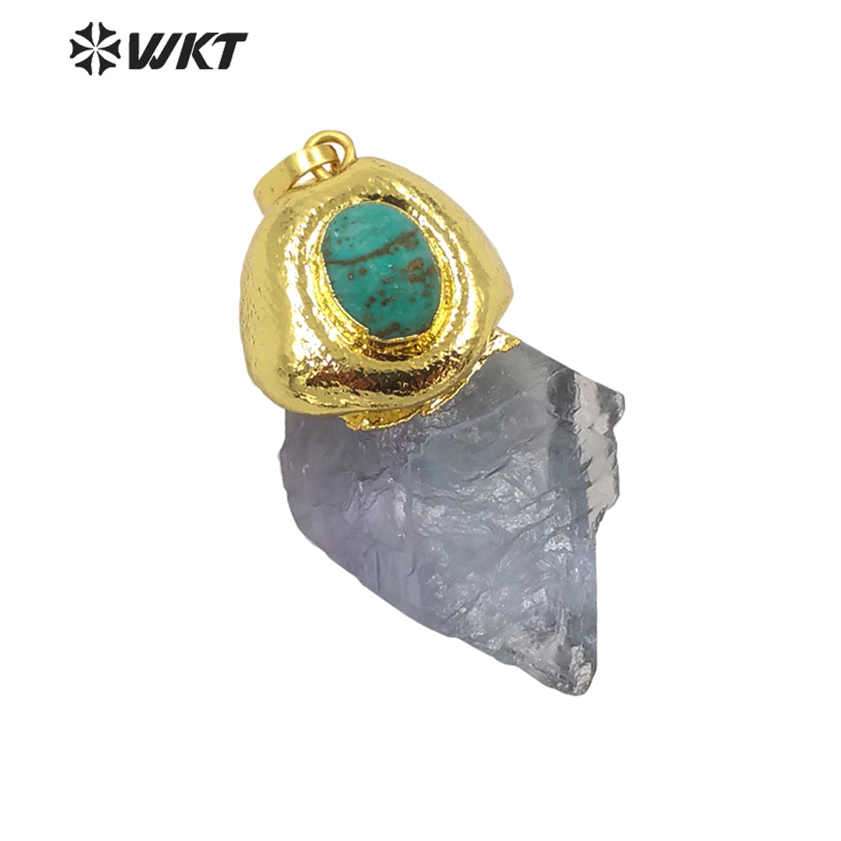 WT-P1654 Wholesale Gold Aqua rainbow Fluorite Stone Pendant With Turquoise Charm Vintage Boho Raw Stone Blue Fluorite Pendant