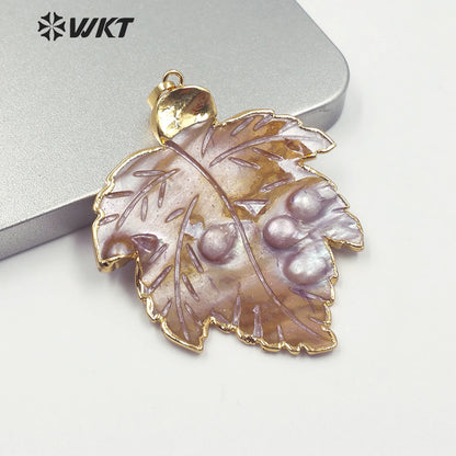 WT-JP192 Fashion Mother of Pearl Leaf Pendant Gold Plated Charm Jewelry Natural Leaf Shape Mother of Pearl Pendant