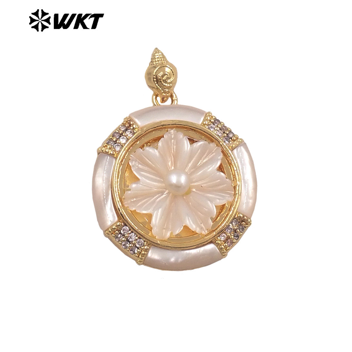 WT-JP469 Delicate Romantic Gold Plated Zircon And Natural Shell Hand Carved Flower Shape Pendant As Women Gifts Making
