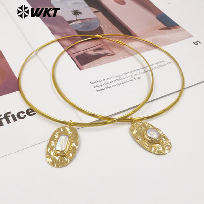 WT-JN394 Simple Vintage Style 18K Gold Plated Rectangle Round Natural Freshwater Pearl Pendant Necklace Choker As Lady Jewelry
