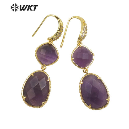 WT-E687 Wholesale Fashion Natural Amazonist Stone Earrings Women Amethyst Double Stone Prong Setting Gorgeous Earrings