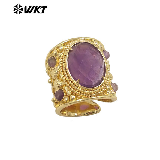 WT-R562 European Court Style Vintage Colored Oval Gemstone Ring With Unique Fine 18k Gold Plated Jewelry for Unisex