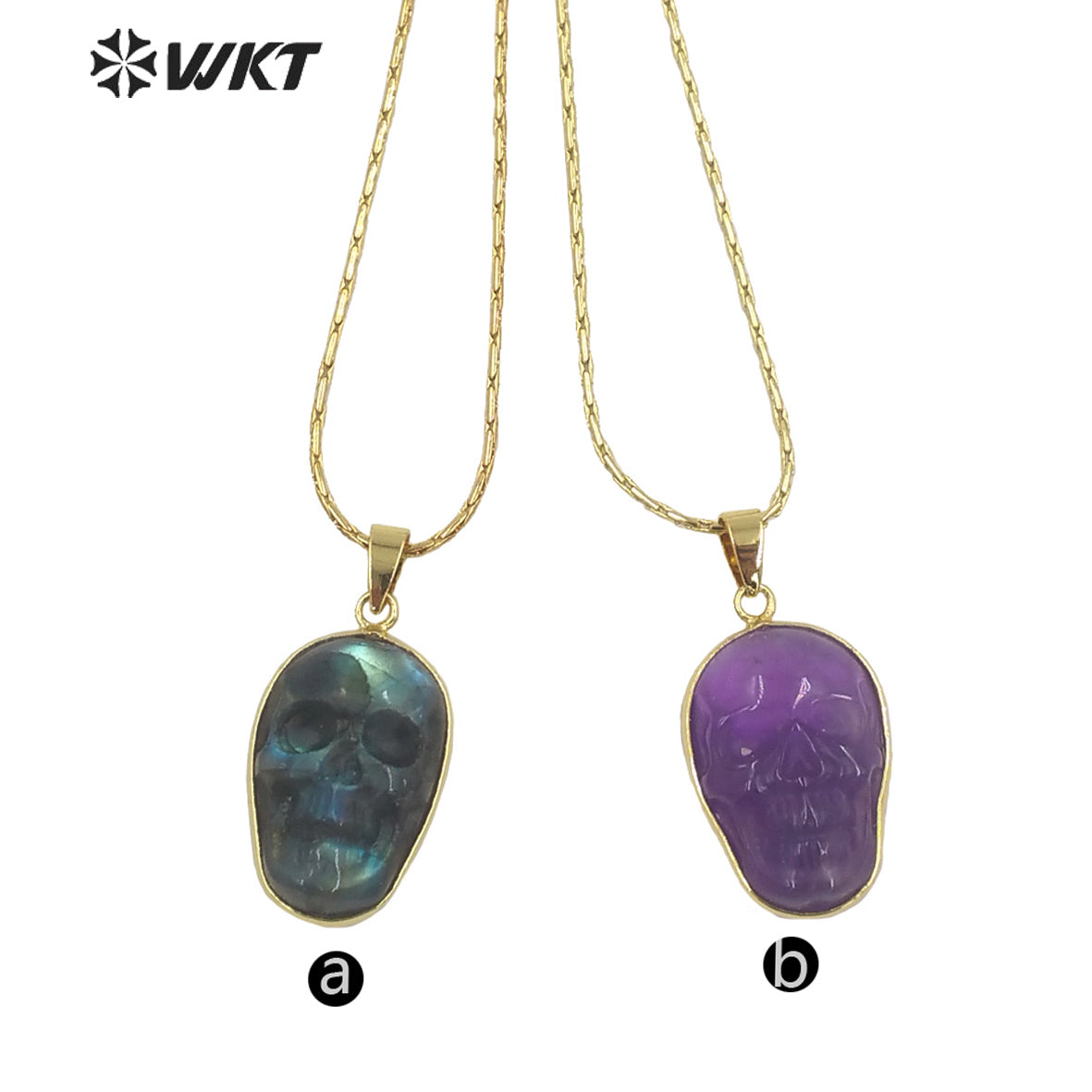 WT-N1357 WKT Special Skeleton Ghost Head Natural Carved Labradorite Necklace Style Rock and Roll Style Skull Necklace