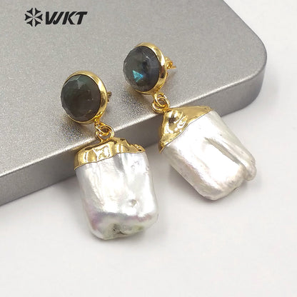 WT-MPE006 Wholesale Natural Pearl With Labradorite Stone Earring Fashion Lady Pearl Earring Charming Labradorite Earring