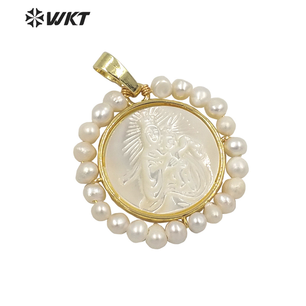 WT-JP262 Fashion Gold Amazing Handmade Wire Wrapped Tiny Pearl Charm Shell Pendant Gold Bezel Virgin Mary and Jesus Religious