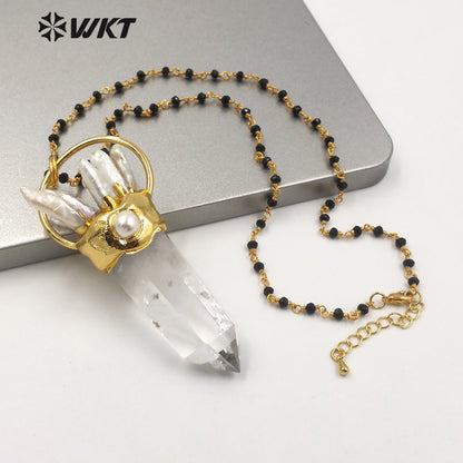 WT-N1265 Wholesale Fashion Gold Electroplated White Crystal Quartz Point Stone Necklace Lady Big Stone Energy Pearl Necklace