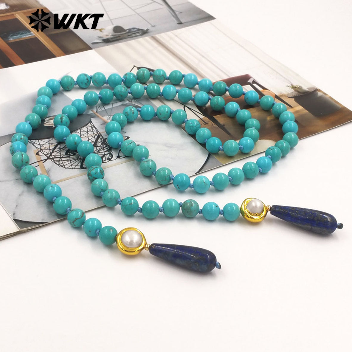 WT-N1501 Gorgeous Natural Turquoise Stone Beads And Gold Plated Pearl With Lapis Pendant Necklace As Women Trendy Accessories