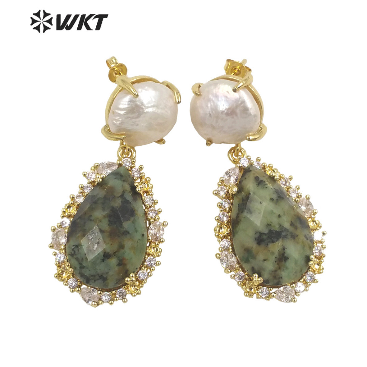 WT-E698 Unique Micropaved Gold Bezel Cubic Zircon Natural Teardrop Stone Pearl Earrings Gorgeous Drop Turquoise Stud Earrings