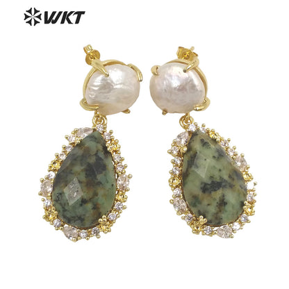 WT-E698 Unique Micropaved Gold Bezel Cubic Zircon Natural Teardrop Stone Pearl Earrings Gorgeous Drop Turquoise Stud Earrings