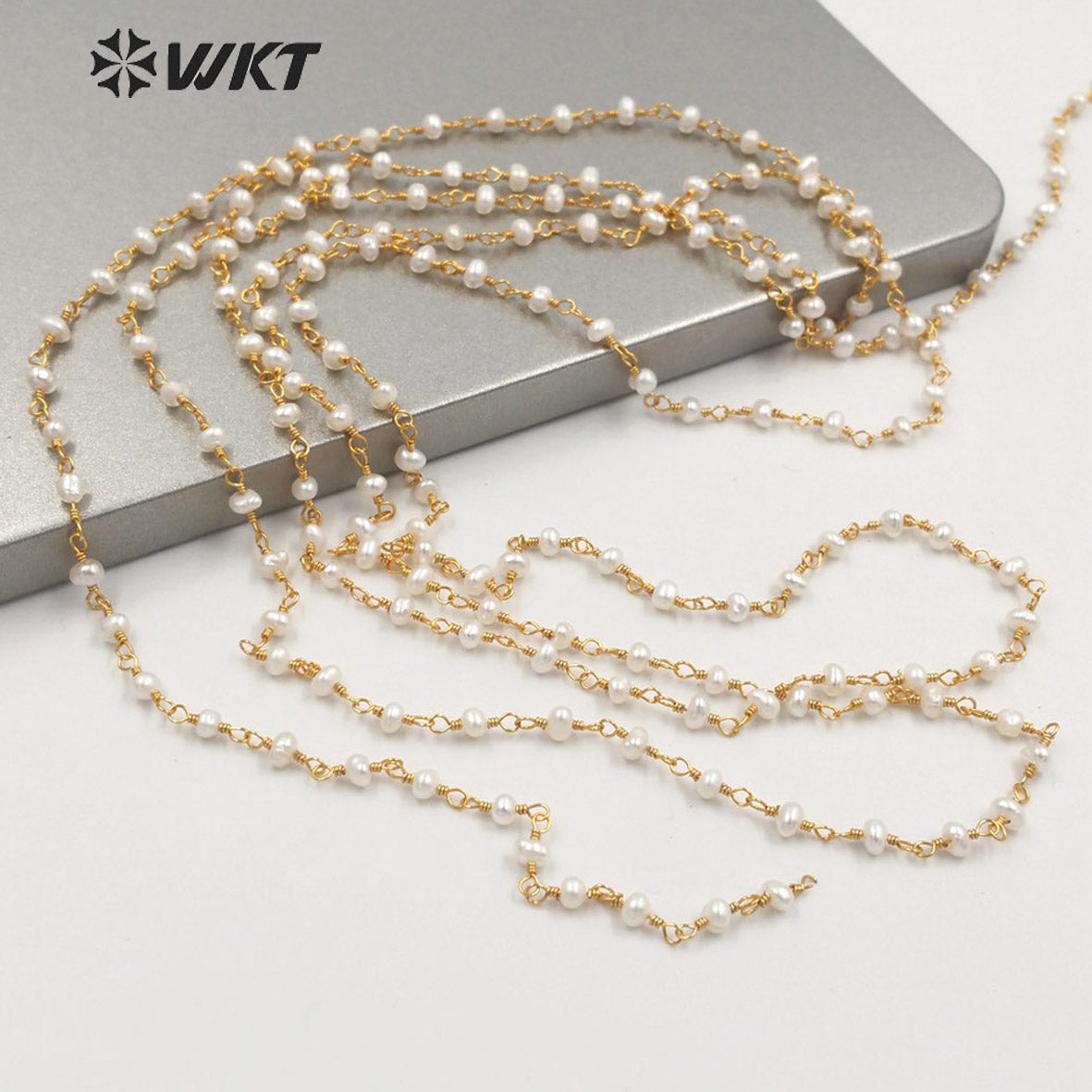 WT-RBC186 Amazing 18k Real Gold Plated Resist Tarnishable Natural Freshwater Pearl Beads Chain for Jewelry Design Pearl Chain