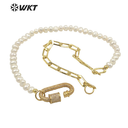 WT-MN975 Amazing Feature 18k Real Gold Plated Combine Chain Necklace Lady Elegant Freshwater Pearl Chain CZ Clasp Necklace
