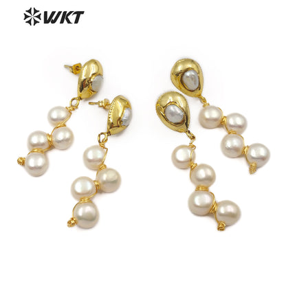 WT-E529 New Design Is Elegant and Beautiful Natural Freshwater Pearl Earring in Gold Plated With Four Little Round Pearl Earring