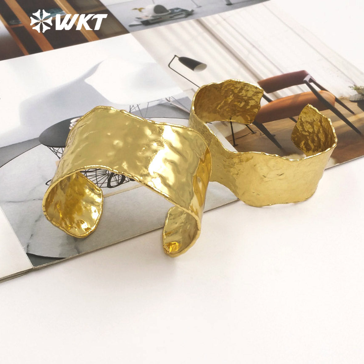 WT-B701 Boutique Yellow Brass 18K Gold Plated Uneven And Smooth Double Designs Women Cuff Bangles For Fashion Patry Jewelry