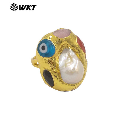 WT-MPR143 Newest Unique Design Adjustable Size Gold Plated Natural Stone With Irregular Baroque Pearl Rings Fashion Accessories