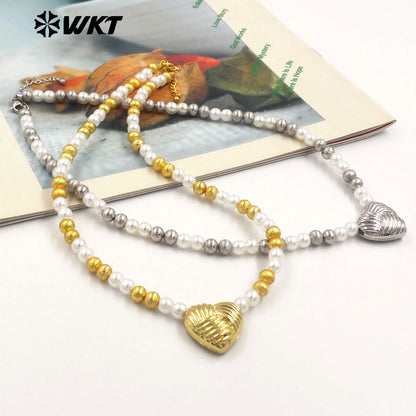WT-JN288 New Design Gold and Silver Artificial Pearl Beads Heart Shape Texture Shell Necklace for Women As Valentine's Day Gift