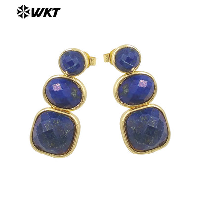 WT-E754 WKT Precious Triple Stone Assemble Handmade Setting Natural Amethyst Lapis Long Dangle Geometric Lady Earrings