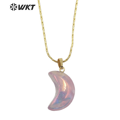 WT-N1335 Romantic Cute Shiny Crystal with Arua Pendant Necklace Moon Shape Natural Stones Amethyst with Aura Jewelry Necklace