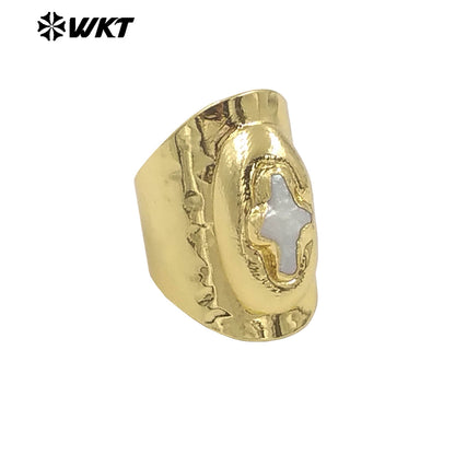 WT-MPR121 Explosive Models Fashion 18K Gold Plated Freshwater Pearl Cross With Large Adjustable Ring for Both Men and Women