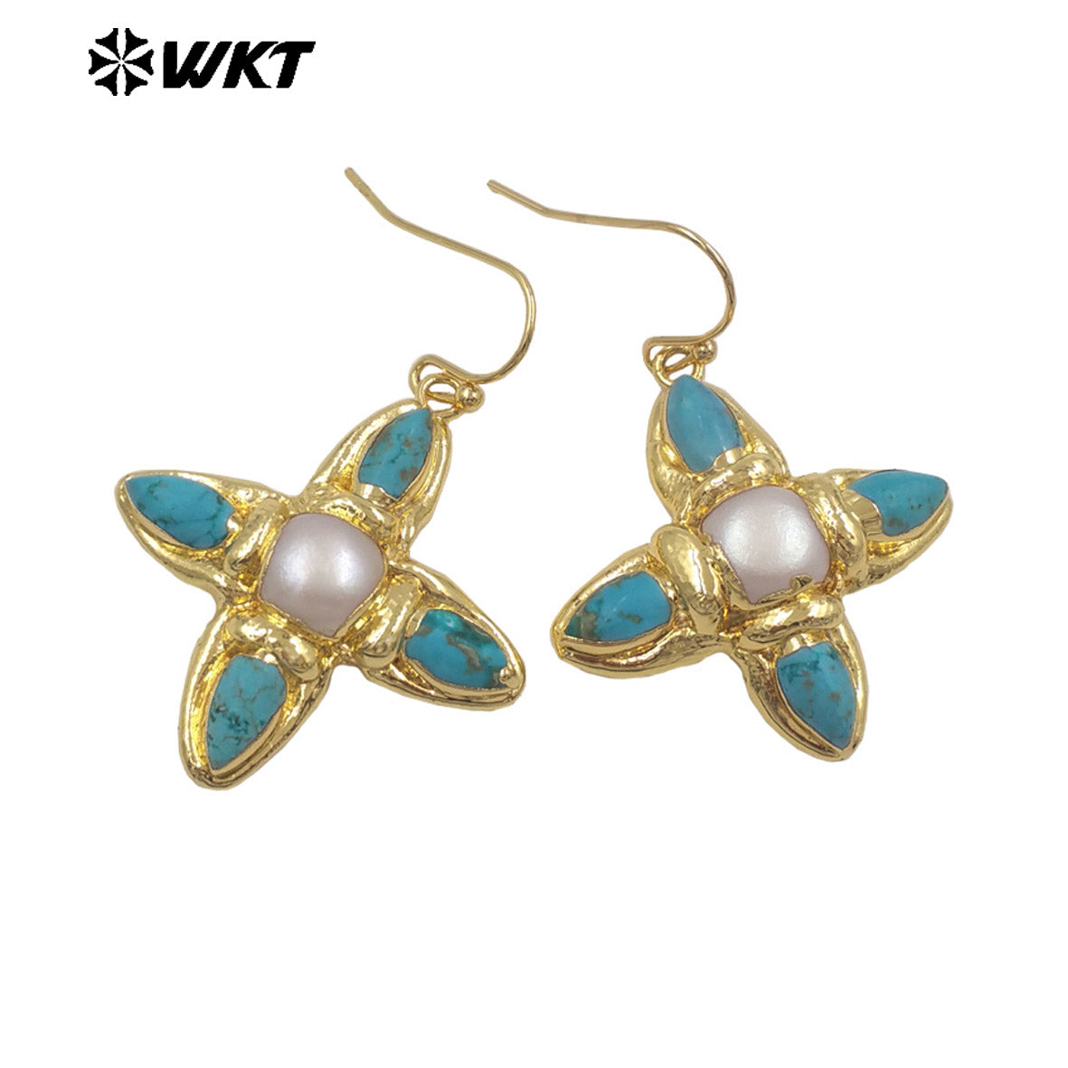 WT-E803 Exclusive Design Back Full Gold Plated Protruding Natural Turquoise And Pearl Cross Earrings As Unique Jewelry Accessory