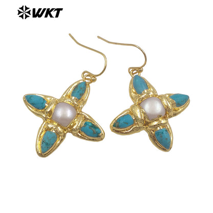 WT-E803 Exclusive Design Back Full Gold Plated Protruding Natural Turquoise And Pearl Cross Earrings As Unique Jewelry Accessory