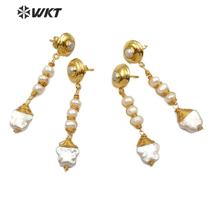 WT-E554 Easy Matching Women Jewelry Gold Thread Around Pearl Earrings Freshwater Pearl Earrings