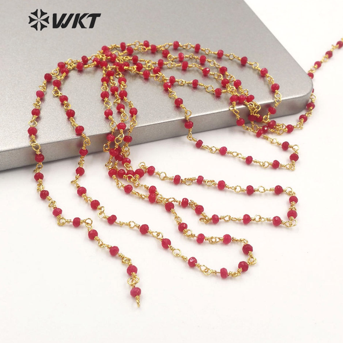 WT-RBC193 New Hot Color Fashion 18k Real Gold Plated Resist Tarnishable Red Jade Beads Chain Women Jewelry Finding Stone Chain