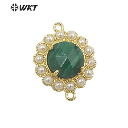 WT-PC005 Wholesale Fashion Gold Plated Double Loops Round Stone With Shell Pearl Around With Claw Setting Connector Findings