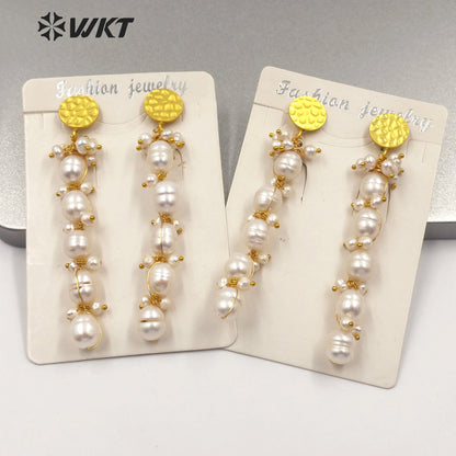 WT-MPE020 Stylish Pearl Beads Earring With Gold Plated Women Charming Jewelry Wire Wrapped Freshwater Pearl Dangle Earring