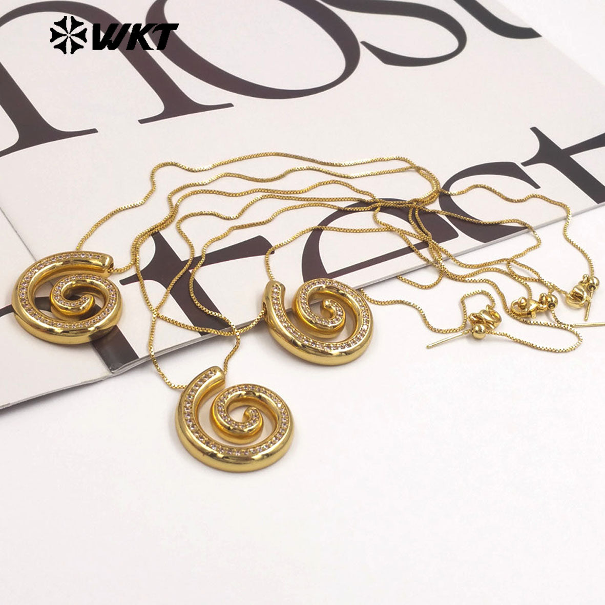 WT-JFN62 New Product Thin Chain Gold Plated Yellow Brass And Zircon Spiral Shape Pendant Necklace As Girls Birthday Gift