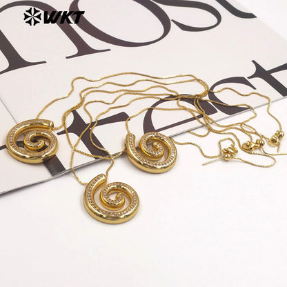 WT-JFN62 New Product Thin Chain Gold Plated Yellow Brass And Zircon Spiral Shape Pendant Necklace As Girls Birthday Gift