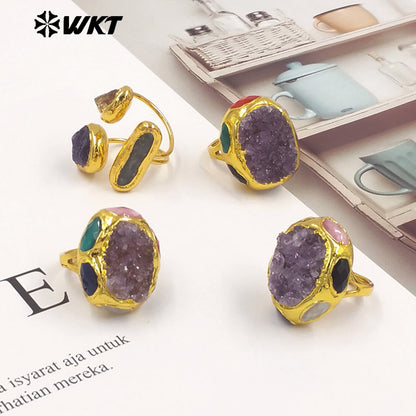 WT-R605 Exclusive Design 18K Gold Electroplated Natural Raw Amethyst And Stones Rings As Female Vintage Jewelry Accessory