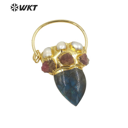 WT-P1894 Wholesale Fashion Gold Plated With Big Ring Stone Pendant Gorgeous Handmade Pearl Labradorite Horn Pendant Jewelry