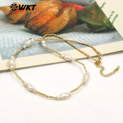 WT-JN279 Elegant Chic Women Hand Strand Made Natural Real Freshwater Pearl Pipe Chain Necklace in 16 Inch Long
