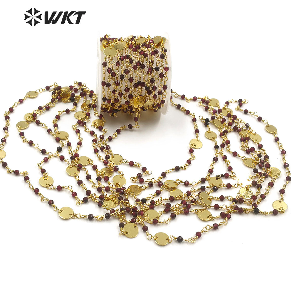 WT-RBC146 Natural Red Garnet Beads Chain Stylish Gold Plated Red Garnet Rosary Beads Chain for DIY Jewelry Making