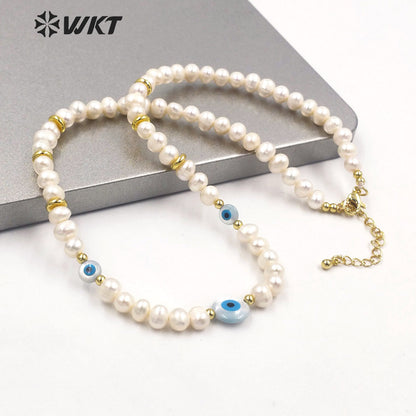 WT-JN201 Fashion Gorgeous Women Hand Strand Pearl Beads Necklace Irregular Potatoes Pearl Eye Charm Necklace in 16 Inch