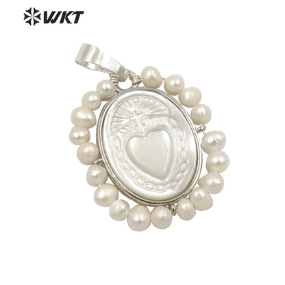 WT-JP254 Hot Handmade Carved White Shell Sacred Heart Pendant Women Wire Wrapped With Pearl Charm in Mary Heart Shell