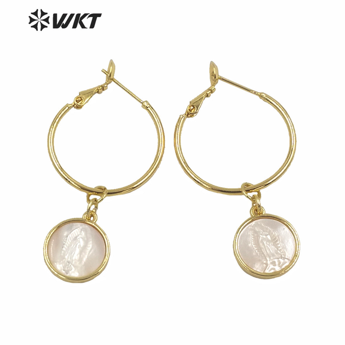 WT-MPE047 Amazing Fawshion Gold Religious Push Back Mary Pendant Earrings Women Big Round Clasp Earrings Virgin Shell Earrings