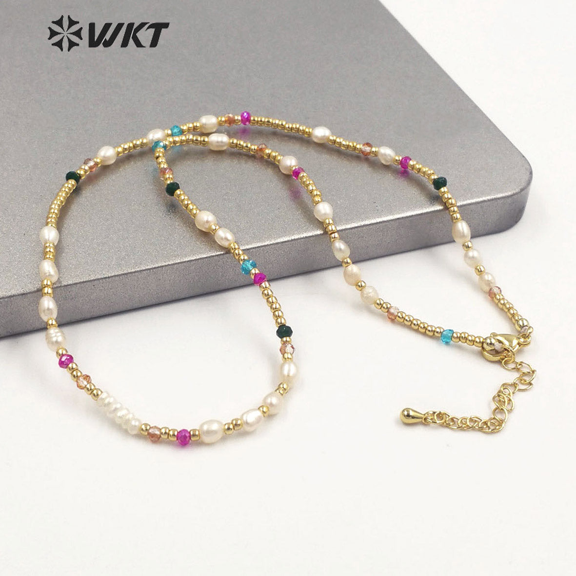 WT-JN222 INS HOT Trendy Colorful Tiny Stone Beads Necklace 16inch Elegant Lady Pearl Gold Beads Choker Necklace for Gift
